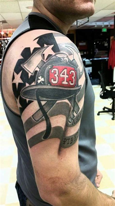 Fire Tools And Flag Tattoo Shoulder Shared By Lion Fire Fighter