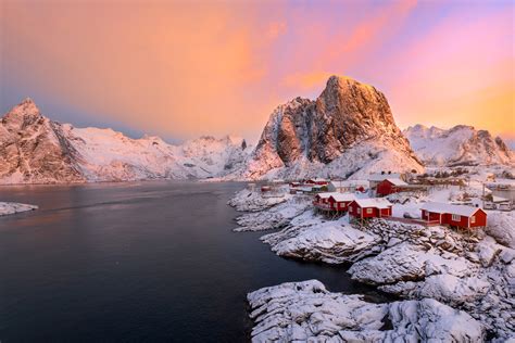 Lofoten Islands Norway Red Cabins In Winter Fine Art Print Joseph C