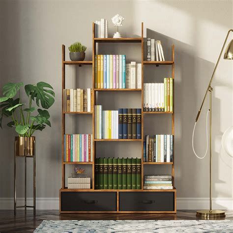 Rolanstar Bookshelf With 2 Drawers Free Standing Tree Bookcase