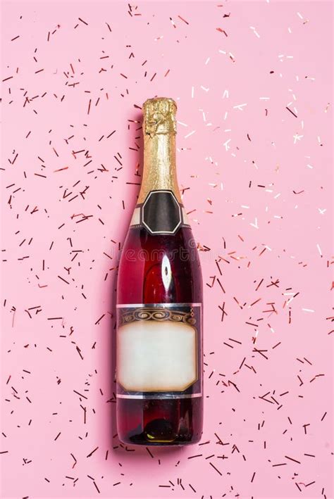 Flat Lay Of Celebration Champagne Bottle With Colorful Party St Stock