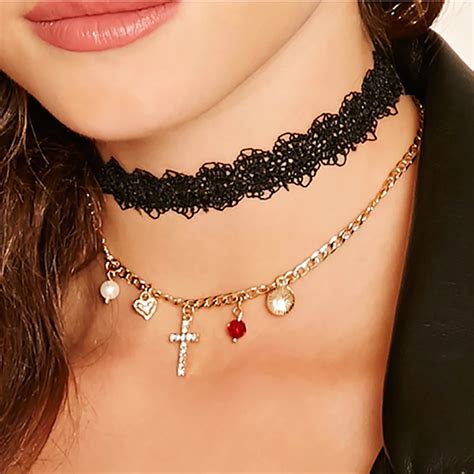 Cross Pendant Lace Collar Choker Double Layers Necklace Women Gothic