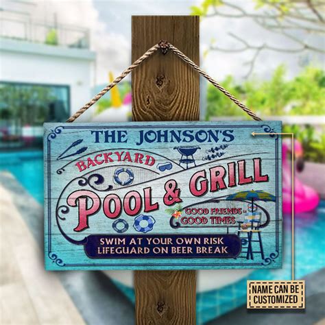 Personalized Pool Grilling Backyard At Your Own Risk Pink Blue Custom