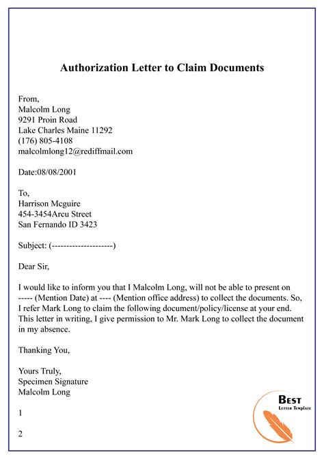 Authorization Letter To Claim Documents 01 Best Letter Template