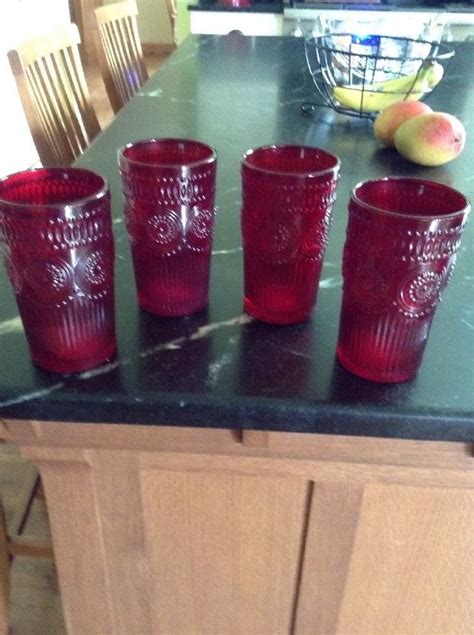 Red Pioneer Woman Adeline 16oz Glass Tumbler Set Of 4 Drinking Glasses Ebay Glassware