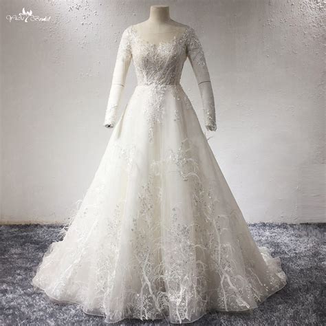 Lz291 Light Champagne Glitter Sequined Wedding Dress Full Sleeve