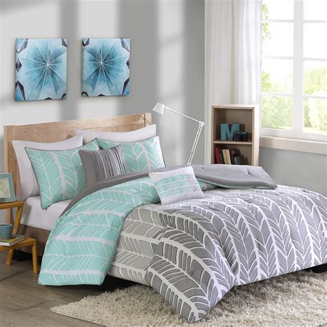 Aqua Blue Grey And White Geometric Chevron Comforter Set And Decorative
