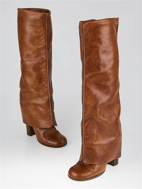 Chloe Brown Leather Fold Over Knee High Boots Size 6537 Yoogis