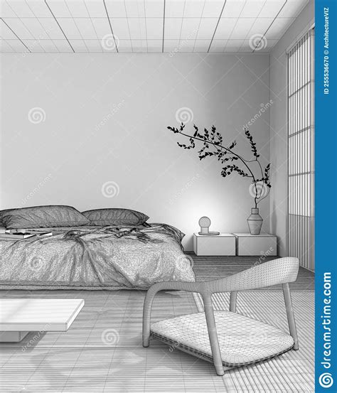 Blueprint Unfinished Project Draft Japandi Bedroom Mock Up Bed With