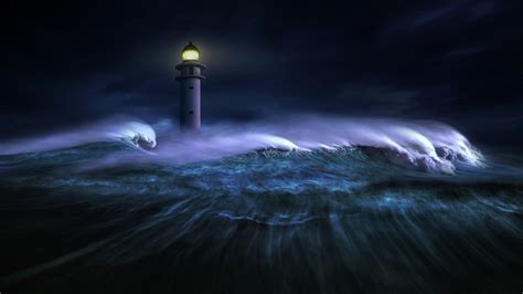 Desktop Wallpaper Lighthouse Big Sea Waves Night Hd Image Picture