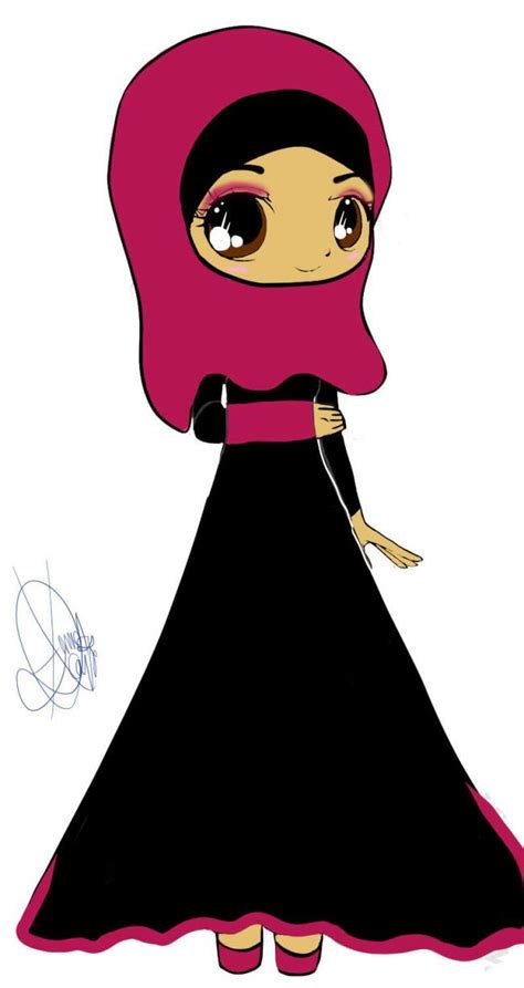 Drawing Of Chibi Muslimah In Purple Hijab And Black Dress Anime Muslimah Hijab Cartoon Chibi