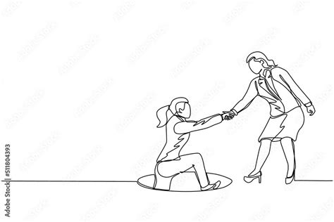 Continuous One Line Drawing Businesswoman Helping Her Friend By Take Her Out From Hole Two