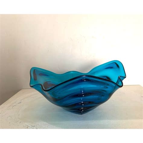 Vintage Modern Contemporary Turquoise Blue Glass Centerpiece Bowl Chairish