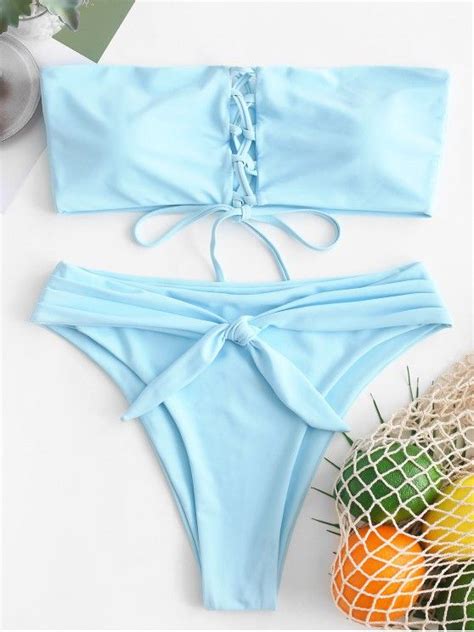 [25 off] 2021 zaful lace up knot high leg bikini set in day sky blue zaful