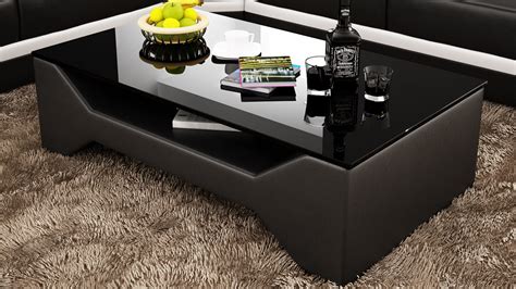 Contemporary Black Leather Coffee Table W Black Glass Table Top My Aashis