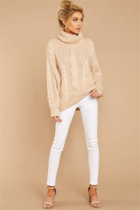 Chic Beige Turtleneck Sweater Chunky Cable Knit Sweater Top 52