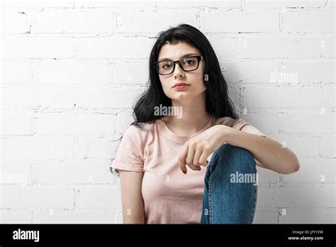 Portrait Of Smart Beautiful Brunette Girl In Eyeglasses With Natural