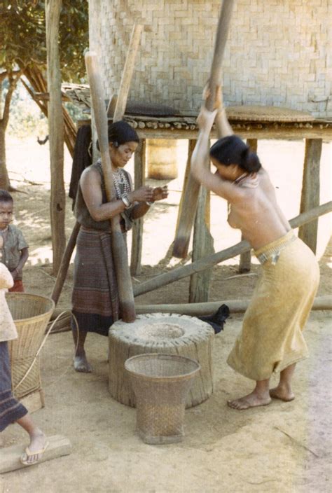 ‎two Nyaheun Women Are Pounding Rice In A Village In Attapu Province