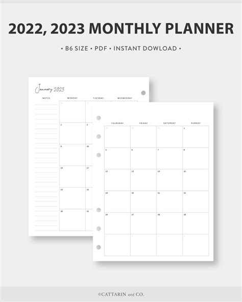 B6 2022 2023 Monthly Planner Printable Calendar Month On Etsy