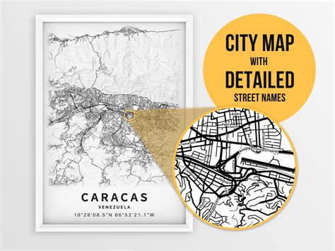 Caracas City Map Digital Download Black And White Print Of Venezuela
