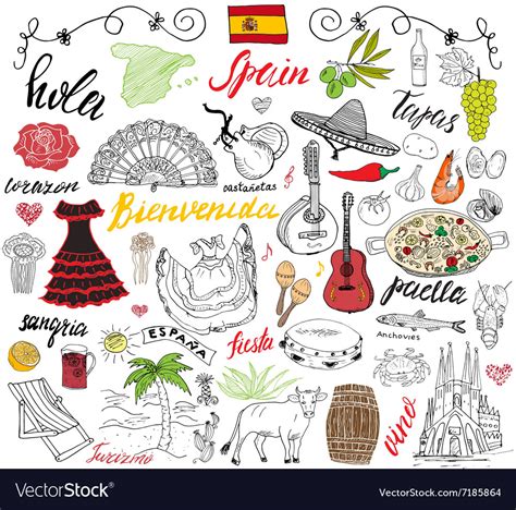Spain Doodles Elements Hand Drawn Set With Spanish