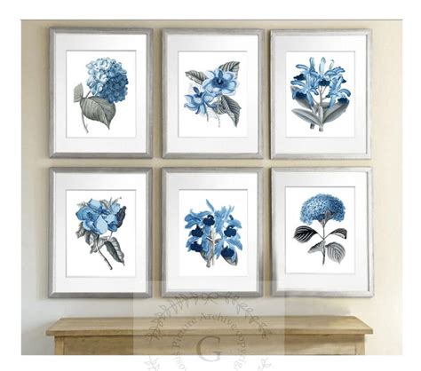 Modern Farmhouse Decor Blue Flower Wall Art Set Of 6 Art Botanical