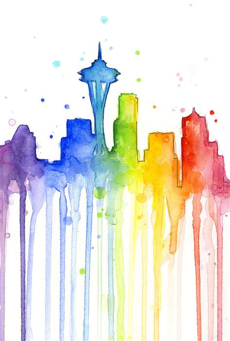Seattle Rainbow Watercolor Painting By Olga Shvartsur