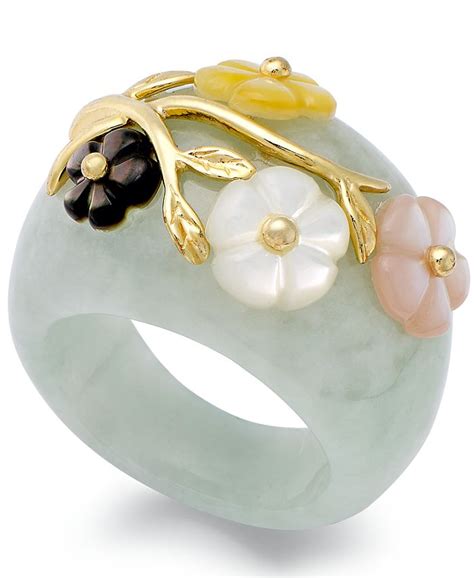 Macys Jade And Multicolored Mother Of Pearl 8mm Flower Ring In 14k