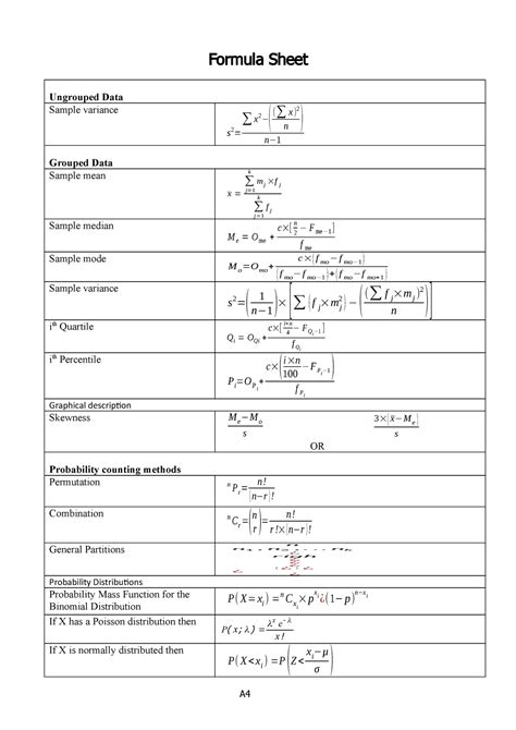 Statistics Formula Sheet