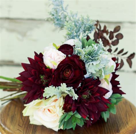 Fresh cut bulk dahlia flowers are sold by the bunch (5 stems per bunch) and come in a variety of colors. Succulent Plum Burgundy Silk Bridal Bouquet with Dahlias ...