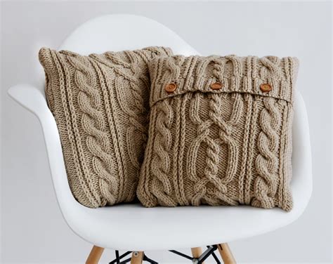 Beige Cable Knit Pillow Cover With 3 Wooden Buttons Etsy