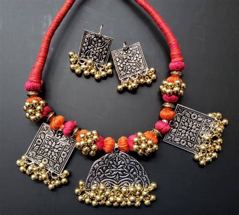 Oxidized Silver Afghan Thread Necklace And Earrings Afghan Jewelry