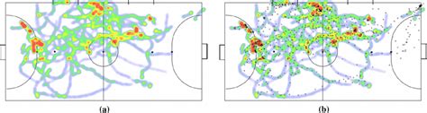 a Heat map of player 4 in the Official Match dataset. b Heat map of