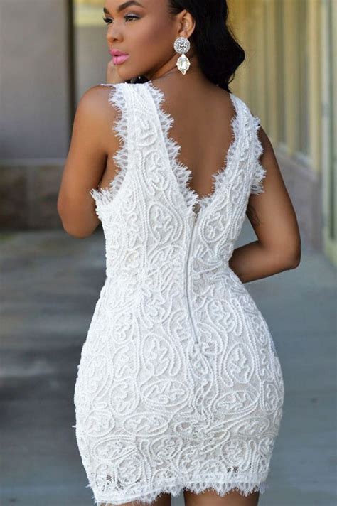 White Lace Sleeveless Plunge Low Back Bodycon Party Dress Chic494803