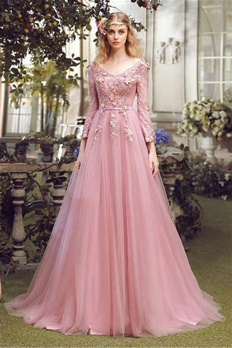 A Line V Neck Vintage Pink Tulle Lace Prom Dress With Sleeves
