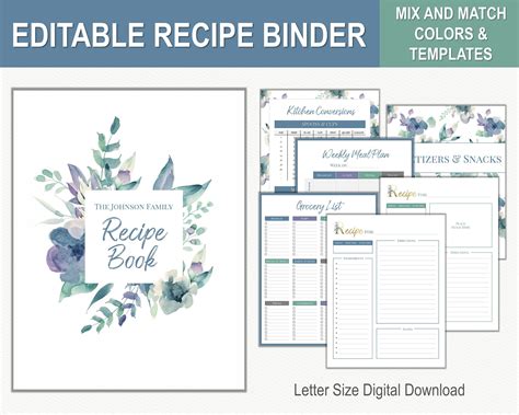 Editable Recipe Binder Kit Watercolor Floral Printable Etsy