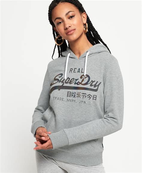 womens vintage logo glitter embossed hoodie in grey marl superdry uk