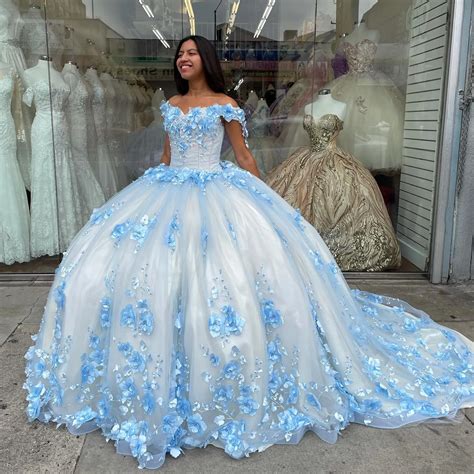 Sky Baby Blue Princess 3d Flower Quinceanera Dress With Sleeves 3d