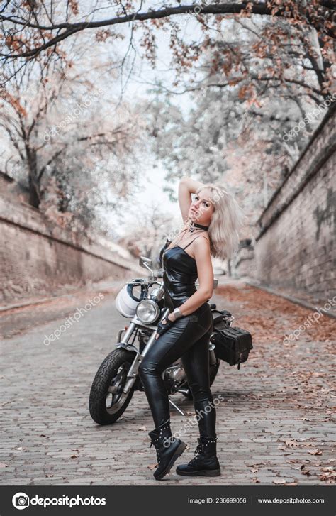 Beautiful Biker Woman Posing Motorcycle Road Stock Photo By ©alenaphoto