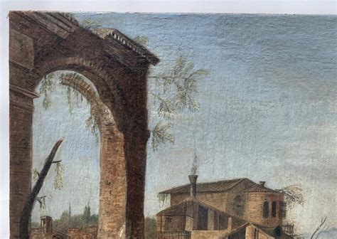 18th Century Venetian Landscape Painting Ruins Figure Oil On Canvas