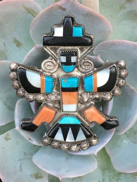 Vintage Zuni Knifewing Pin Inlay Turquoise Coral Mother Of Pearl Jet