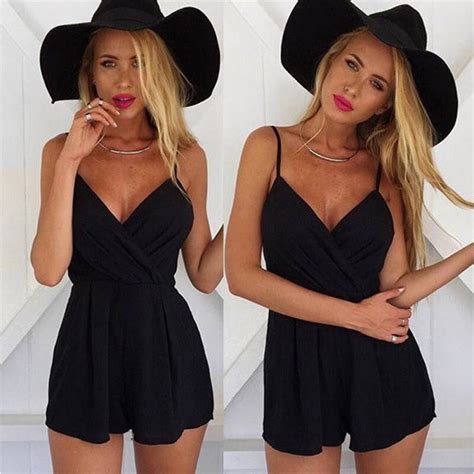 Efinny Summer Solid Black Bodycon Jumpsuit Sexy Deep V Neck Rompers