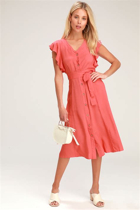 Chic Coral Dress Coral Midi Dress Button Front Midi Dress Lulus