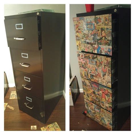 Two Pictures Side By Side Of A Filing Cabinet With Comic Covers On The