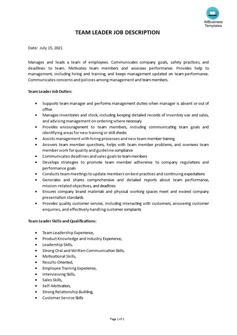 Team Leader Job Description Templates At