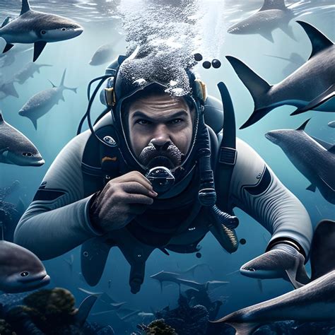 Premium Ai Image A Man Doing Scuba Diving In The Ocean With Sharks