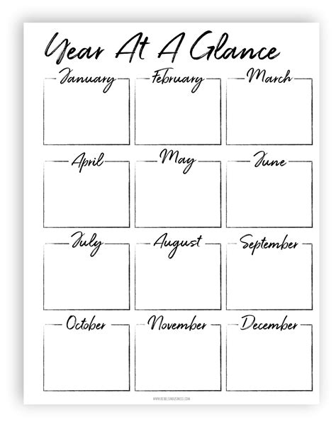 The Printable Year At A Glance Calendar Is Shown In Black Ink On White Paper