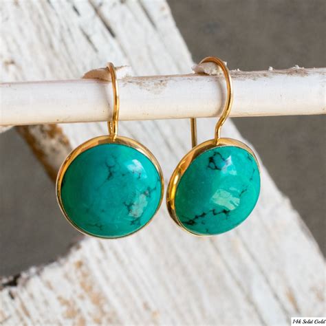 14K Gold Turquoise Earrings Large Turquoise Earrings Gold Etsy