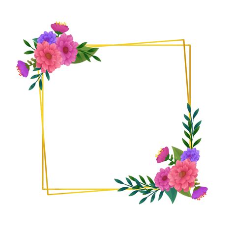 Gambar Bingkai Persegi Emas Dengan Hiasan Bunga Merah Muda Floral
