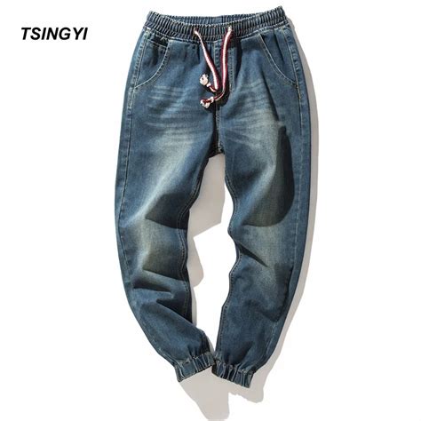Tsingyi Denim Stretch Elastic Waist Jeans Men Blue Cargo Drawstring