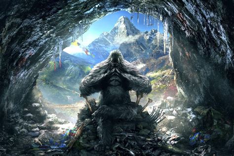 A Bigfoot Standing In The Middle Of A Cave Filled With Rocks And Debris